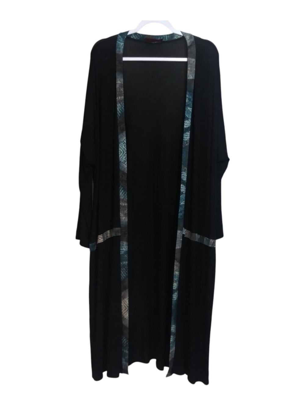 Verda Long Black Open Front Longline Cardigan with Teal Trim Turkish Size XXL